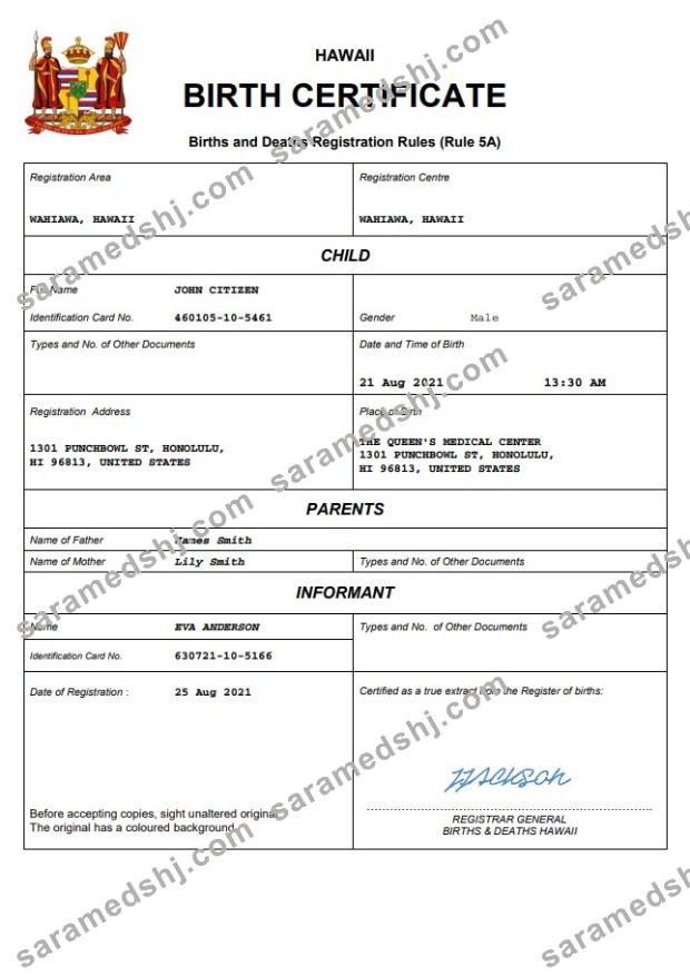 Hawaii birth certificate Word and PDF template